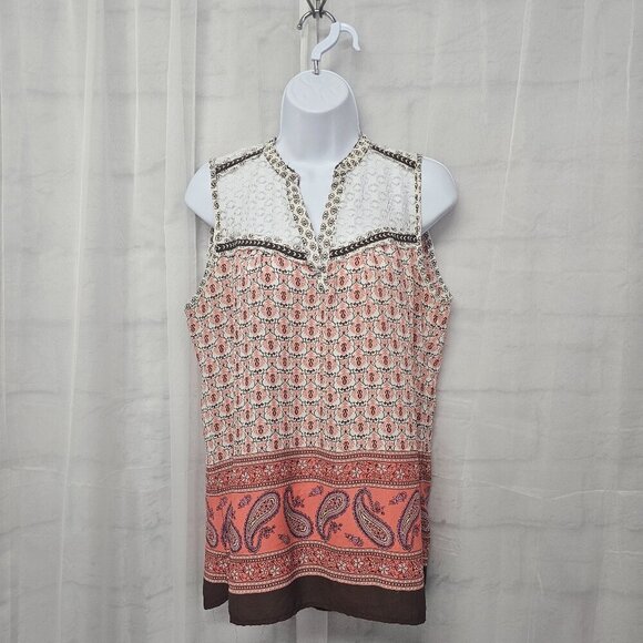 Fresh Pink Brown Tank Lace Boho Paisley Retro Festival M - Picture 1 of 11